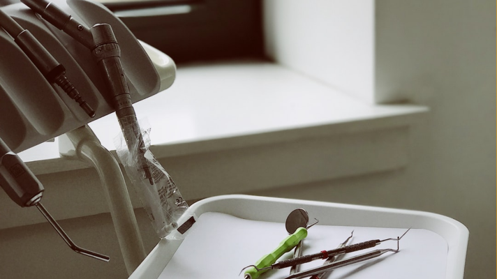 Dental office with tools on a tray
